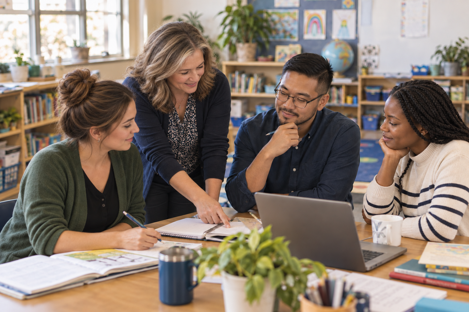 A group of four educators collaborating on classroom planning